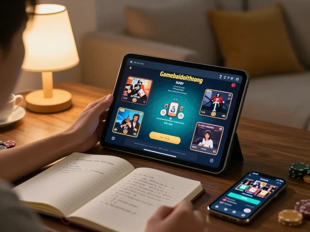 Engaging in gamebaidoithuong through a tablet in a cozy living room setup, showcasing strategic gameplay.