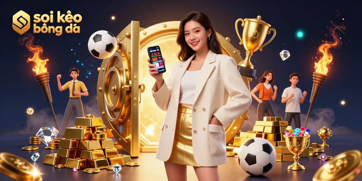 Soi kèo bóng đá action with a beautiful Asian woman engaging in sports betting on her smartphone amidst a treasure backdrop.