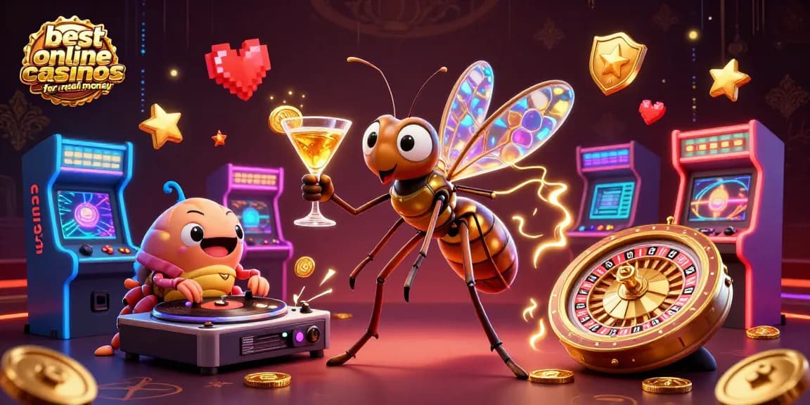 Engage with the best online casinos for real money, featuring vibrant characters and lively casino elements.