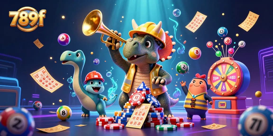 Experience the fun with 789f as a triceratops builds poker chip pyramids amidst colorful lottery elements.