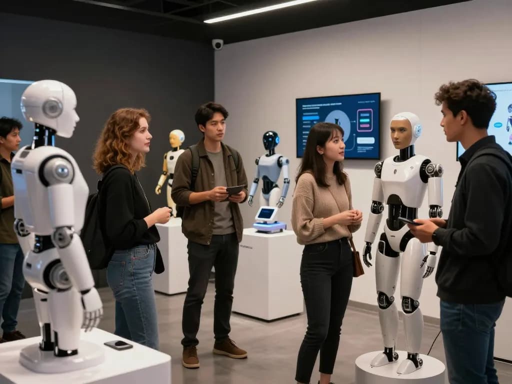 Visitors exploring advanced sex bot technology in a modern showroom