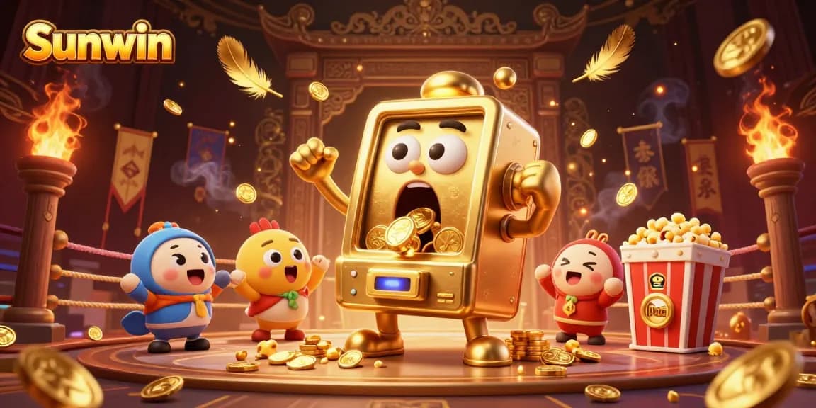 Sunwin jackpot celebration featuring a golden slot machine and cheering baby slots in a vibrant casino scene.