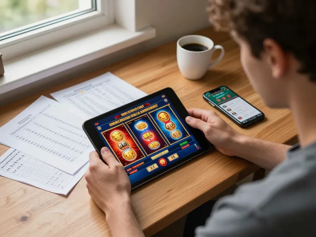 Player exploring slot games on a tablet while managing bankroll for a responsible gaming experience with 99ok