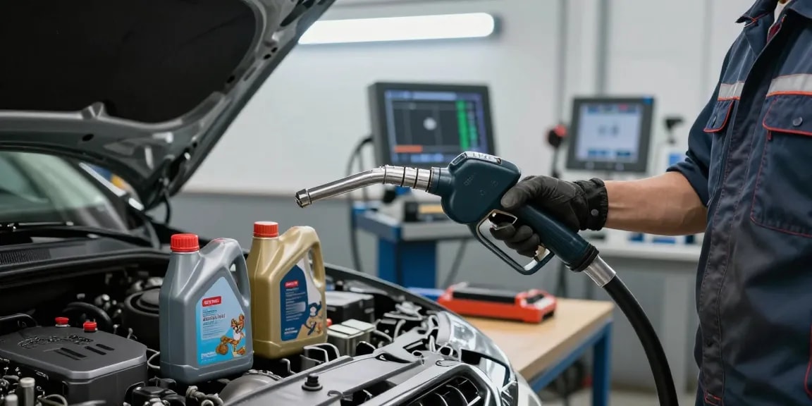 Utilizzo della pistola digitale per olio con ugello flessibile in un'officina meccanica professionale