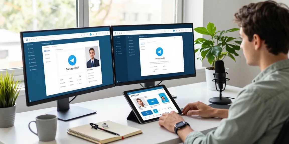 Using the Telegram web version in a modern tech workspace, showcasing user engagement and productivity elements.