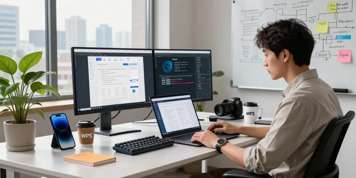 Professional reviewing WPS Official Website in a modern tech workspace.