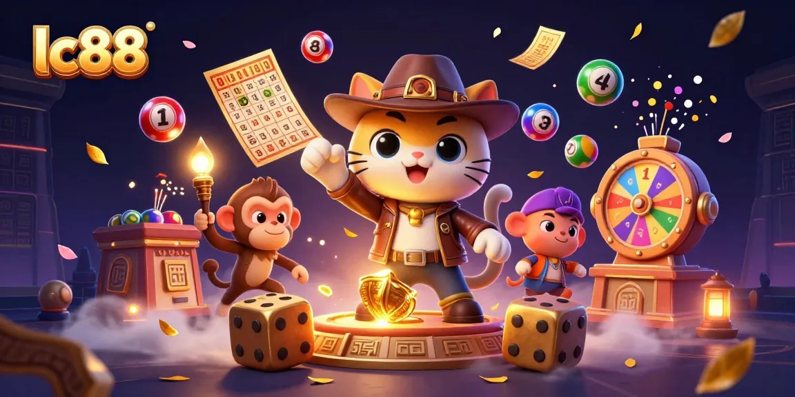 Engage in exciting lc88 gaming action with a vibrant 3D illustration showcasing a cartoon cat explorer.