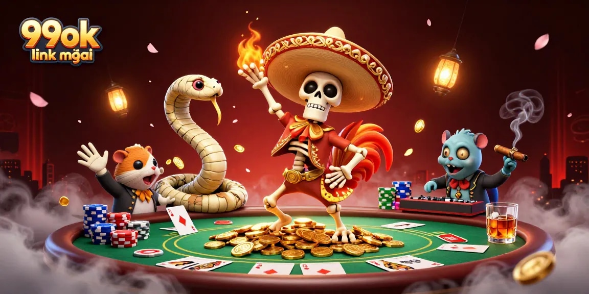 Engage with the vibrant 99ok link mới scene featuring lively characters celebrating on poker-themed riches.
