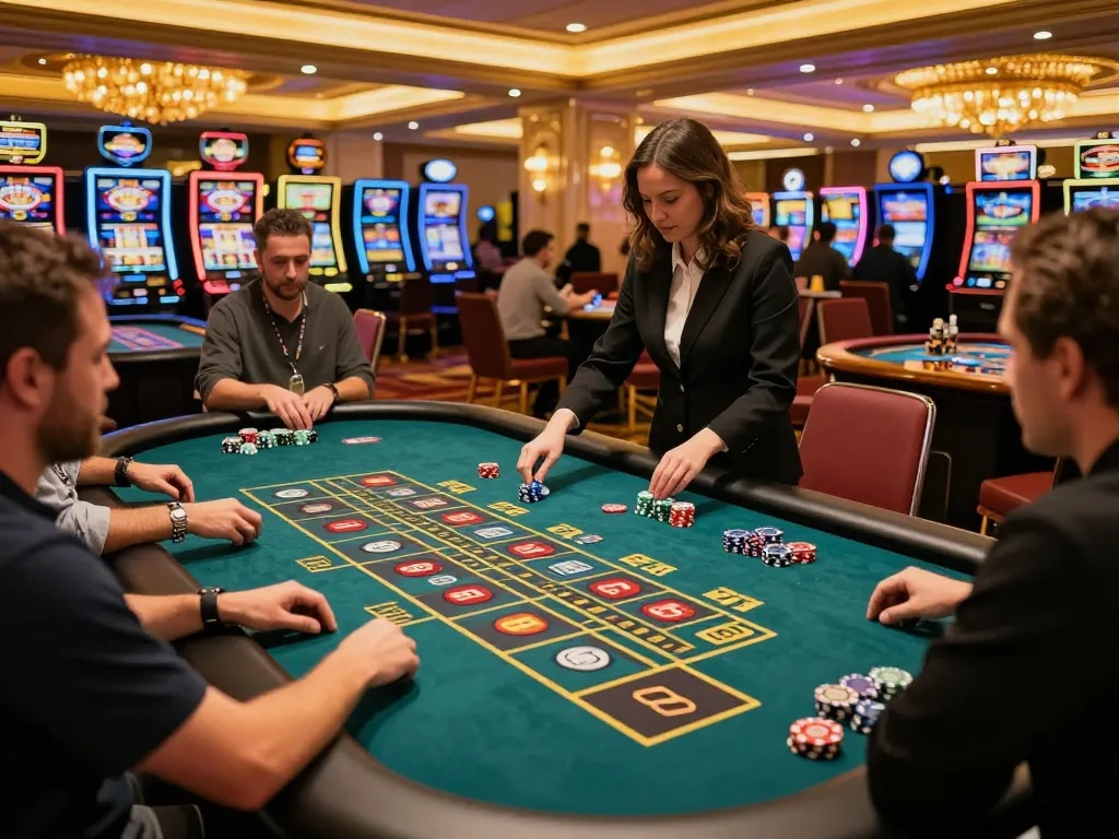 Experience the thrill of gambling at F168 with players engaging around a roulette table, dynamic atmosphere.