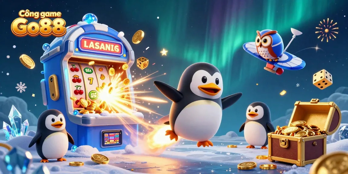 Play exciting games at Cổng game Go88, featuring a dynamic penguin, slot machine, and golden prizes.