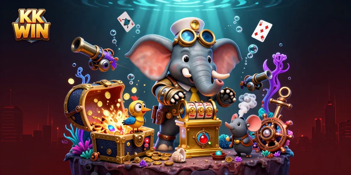 Spin the golden slot machine with KK WIN and win big amidst a dynamic 3D casino scene.