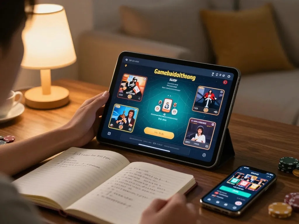 Engaging in gamebaidoithuong through a tablet in a cozy living room setup, showcasing strategic gameplay.