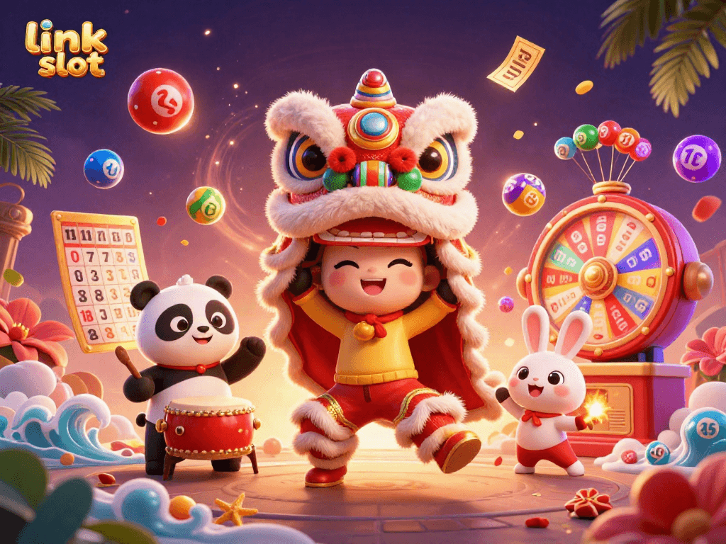 Engage with the link slot action in this vibrant festival-themed 3D illustration showcasing lively characters and gaming elements.