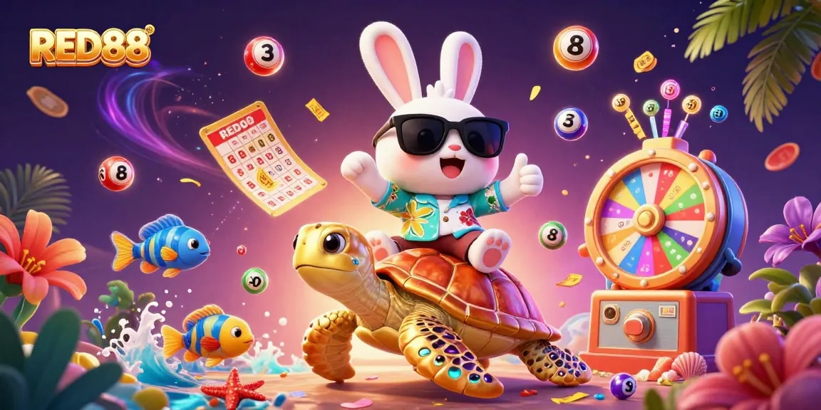Experience excitement with the RED88 lucky rabbit and sea turtle in a vibrant casino scene.