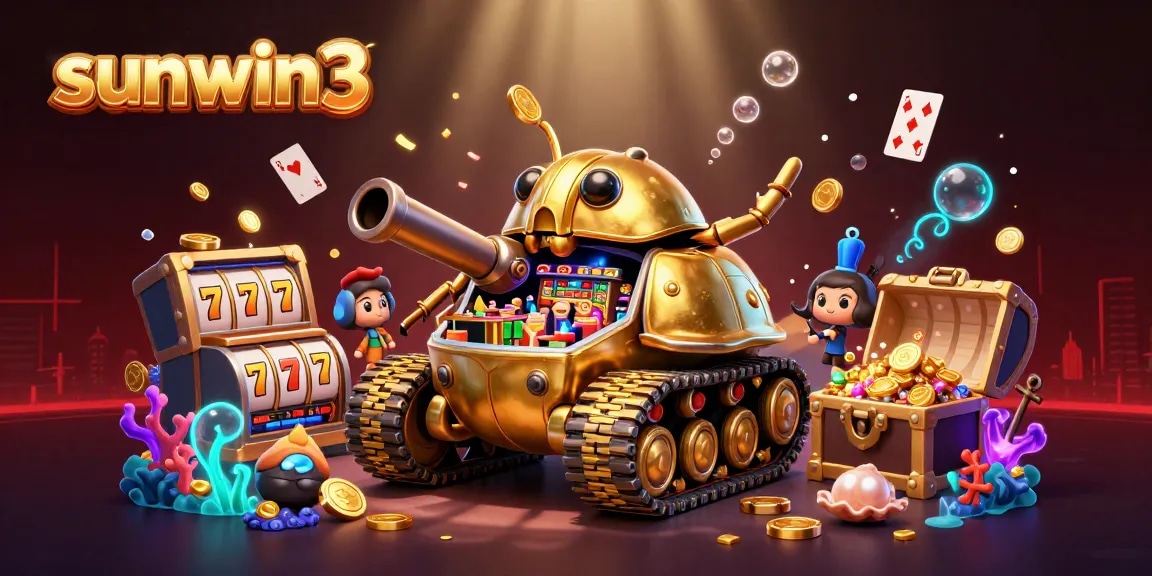 Experience winning spins at sunwin3 with a vibrant 3D casino scene featuring dynamic slot elements and golden treasures.