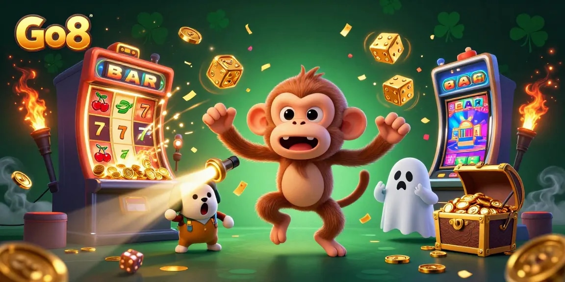 Engage with Go8's thrilling online casino games featuring a playful ghost and rich rewards.