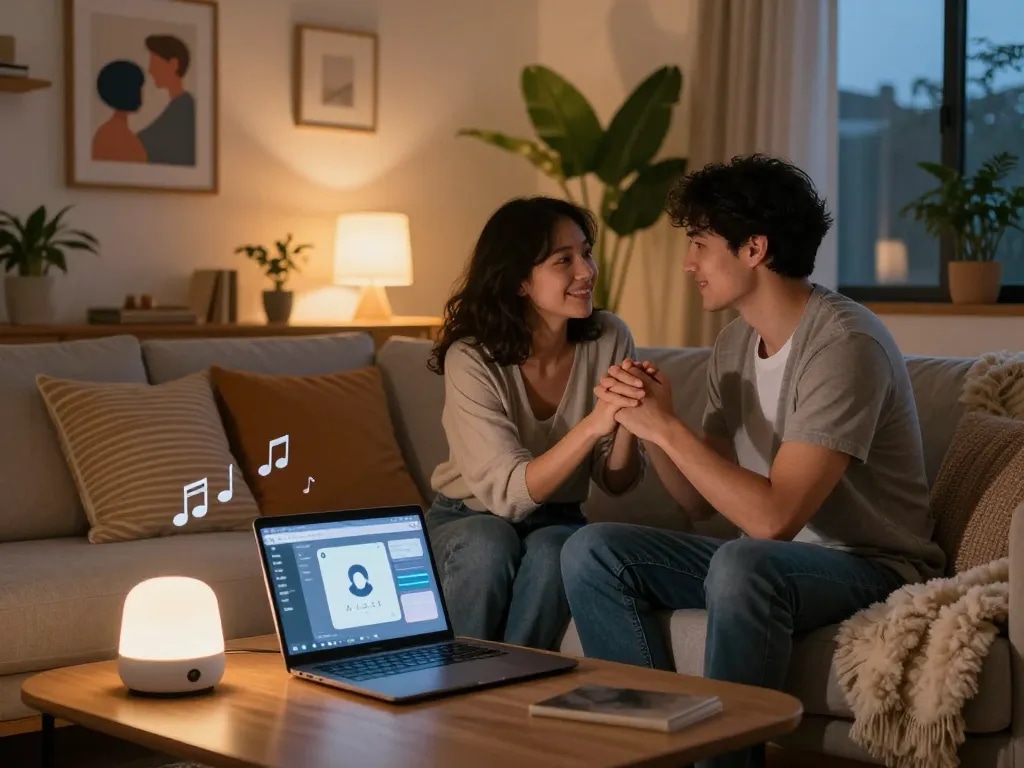 Couple engaging with AI technology for enhancing intimate relationships, portraying modern ai sex interactions.