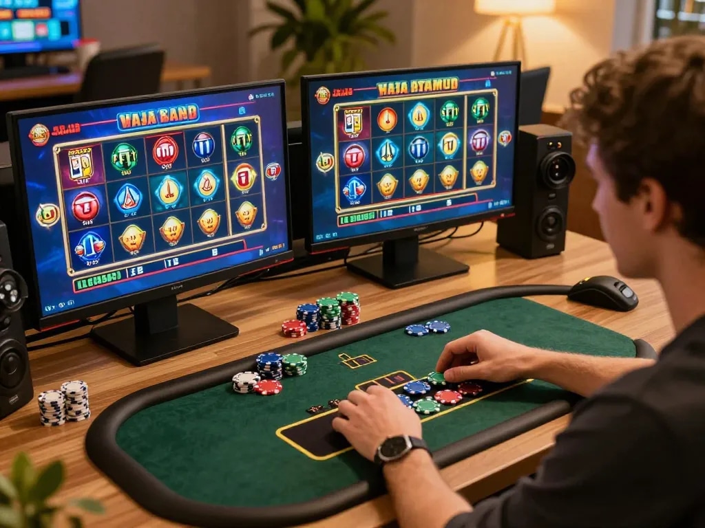 Engaging gameplay on a raja slot game displayed on multiple screens in a vibrant home setting