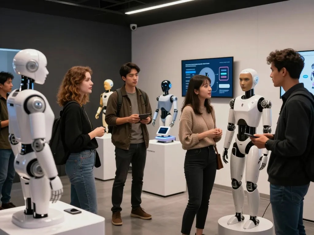 Visitors exploring advanced sex bot technology in a modern showroom