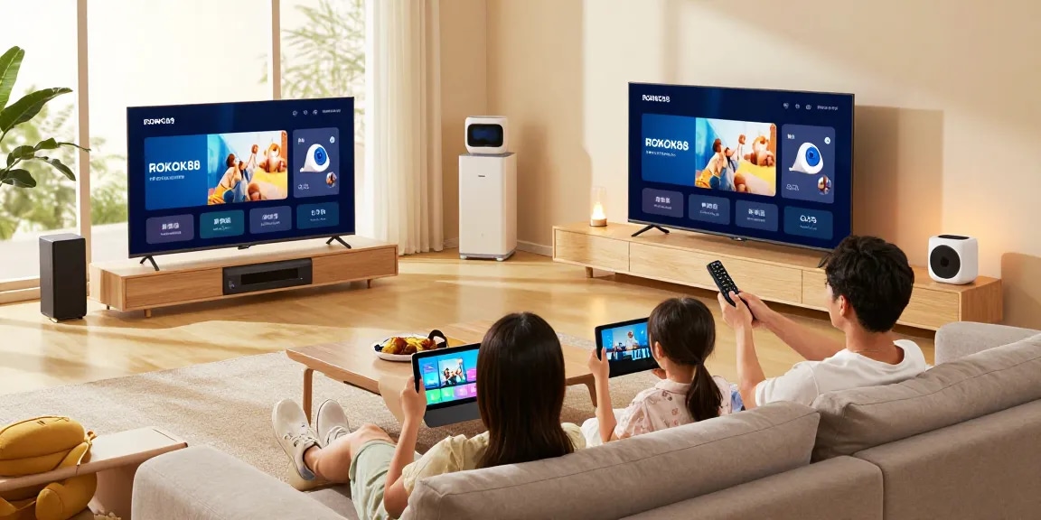 Family using rokok88 login on smart TV in a cozy living room with modern electronics.