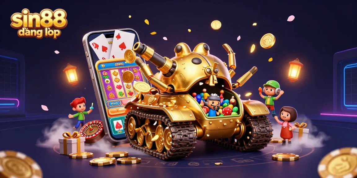 Experience excitement at sin88 đăng nhập, with dynamic casino scenes featuring golden beetle tank and slot games.