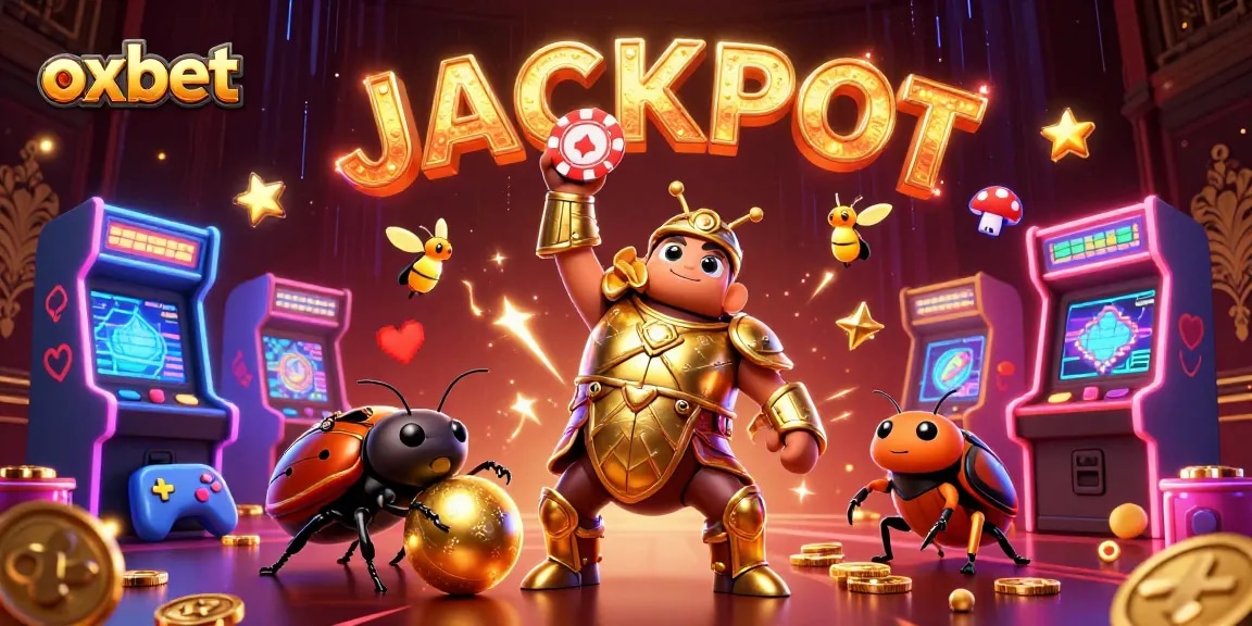 Experience the excitement of OXBET with a triumphant beetle lifting a poker chip amidst a vibrant casino backdrop.