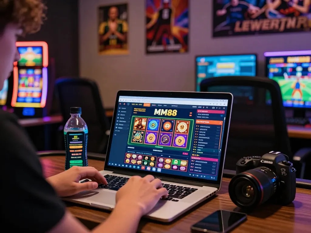Person happily gaming on MM88 platform with multiple screens showing live bets and games