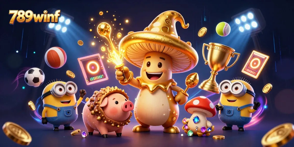 Experience the thrill of 789winf with a dynamic 3D casino scene featuring magical elements and sports excitement.