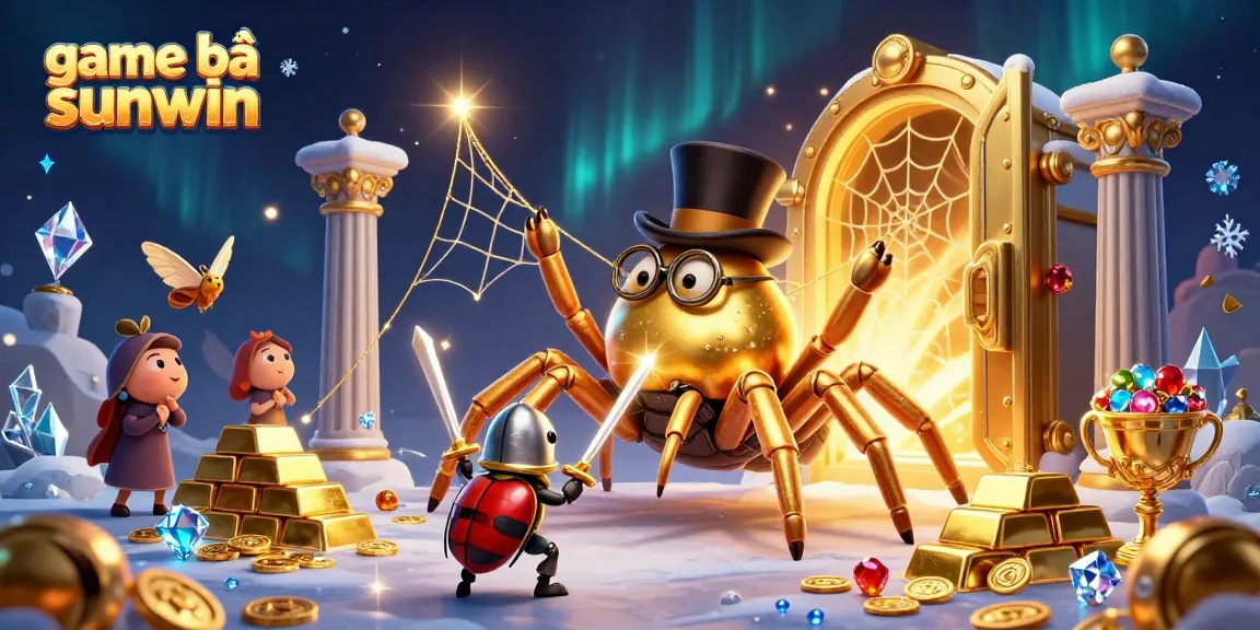 Experience game bài sunwin in a vibrant 3D scene with a golden spider, knight, and glimmering treasures.