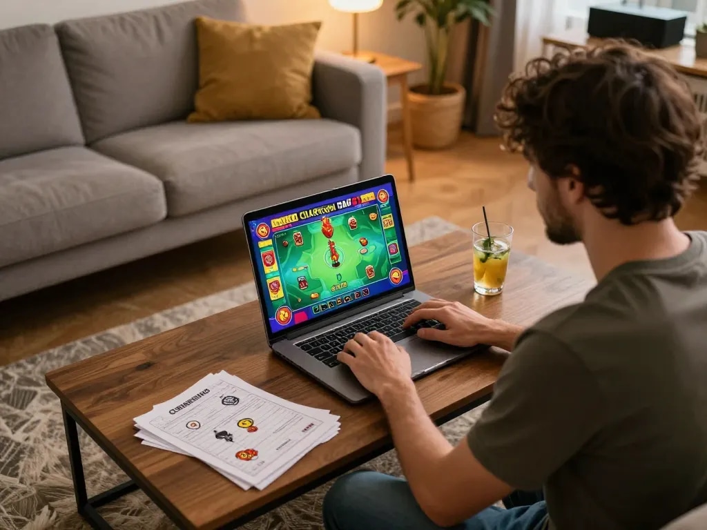 Giocatore che si diverte con chicken road recensioni a casa, giocando su laptop, concentrato su strategia ed emozione