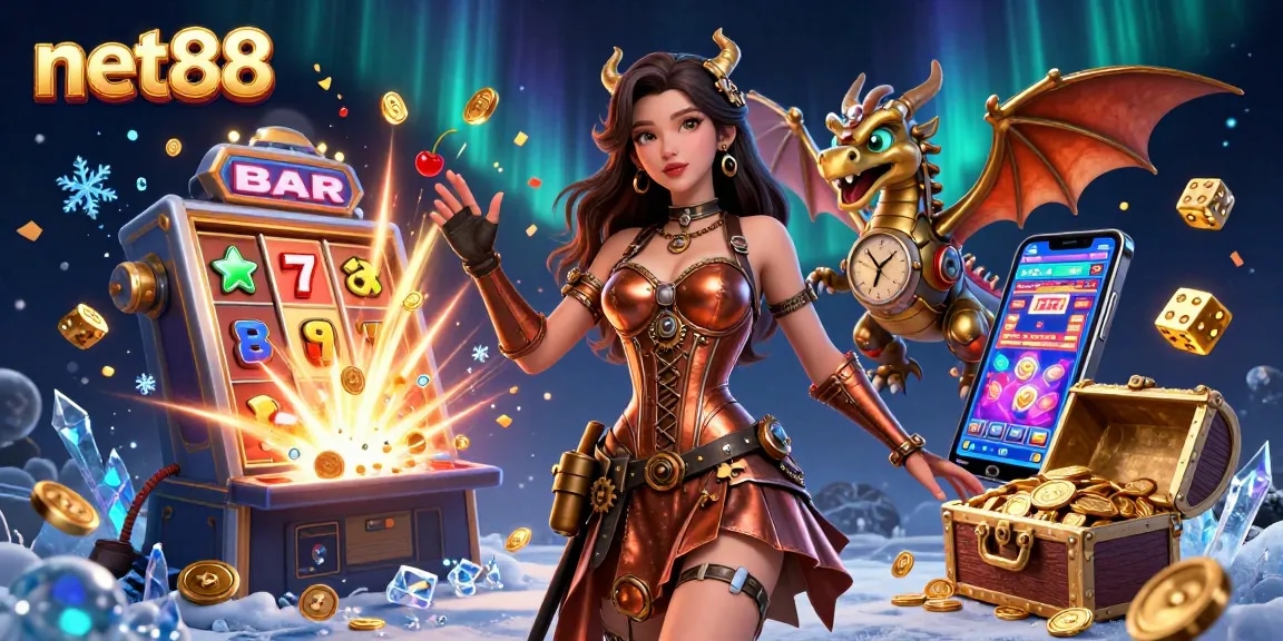 Experience thrilling slots with net88 in a vibrant, ultra-detailed 3D casino scene full of excitement.