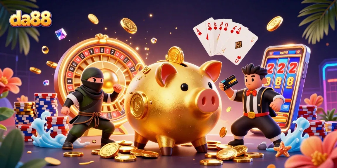 Experience thrilling gambling with da88's energetic casino scene featuring vibrant characters and gold coins.