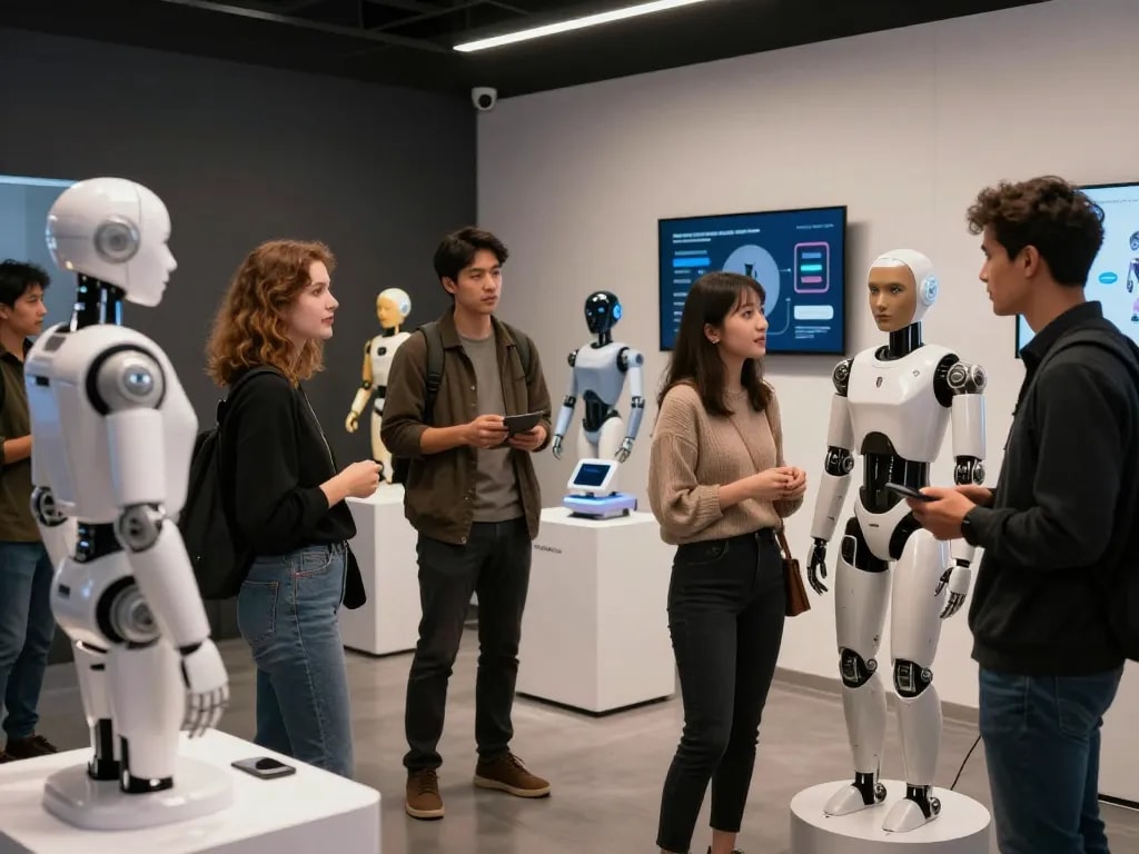 Visitors exploring advanced sex bot technology in a modern showroom