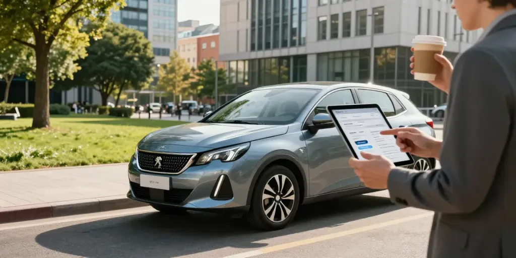 Noleggio lungo termine Peugeot, persona che esamina le opzioni di affitto in un ambiente urbano soleggiato.