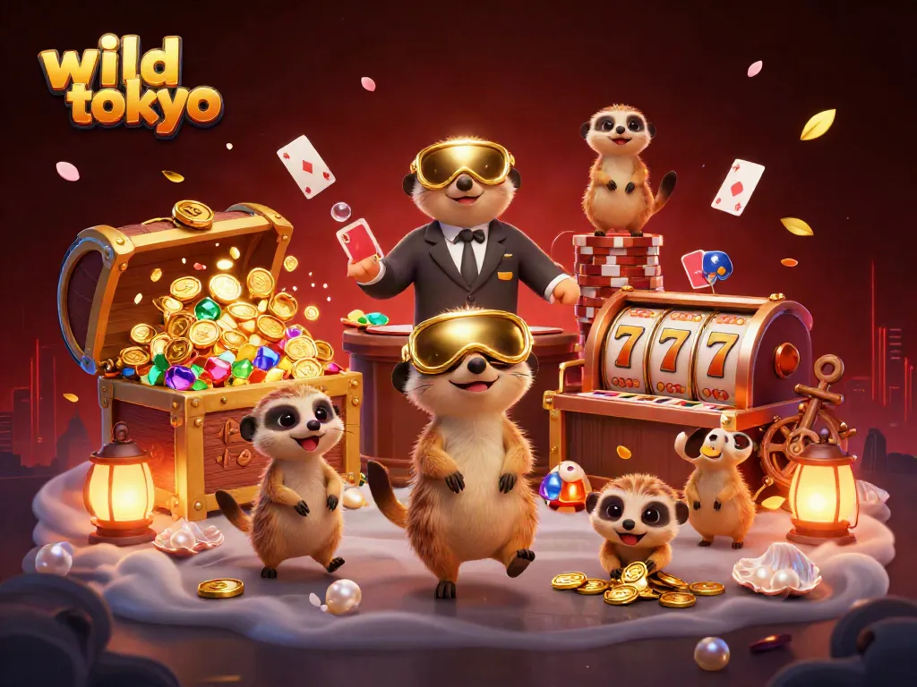 Experience the thrill of wild tokyo casino with excited meerkats engaging in fun gaming action among colorful treasures.