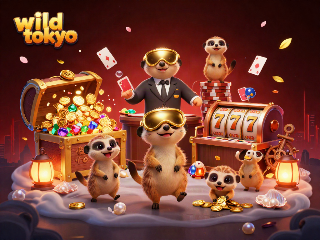 Experience the thrill of wild tokyo casino with excited meerkats engaging in fun gaming action among colorful treasures.