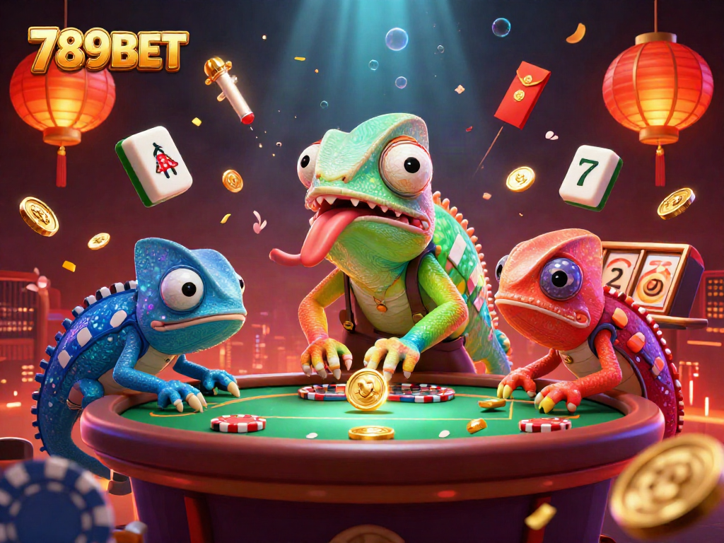 Enhance your gameplay at 789BET with an illustrated casino scene featuring vibrant chameleon and classic games.