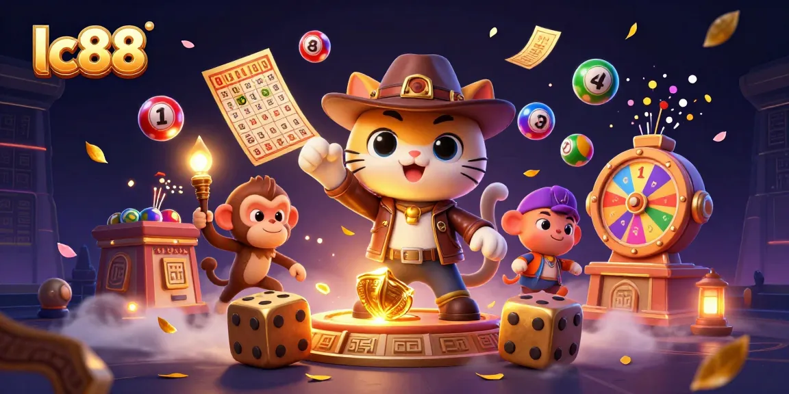 Engage in exciting lc88 gaming action with a vibrant 3D illustration showcasing a cartoon cat explorer.