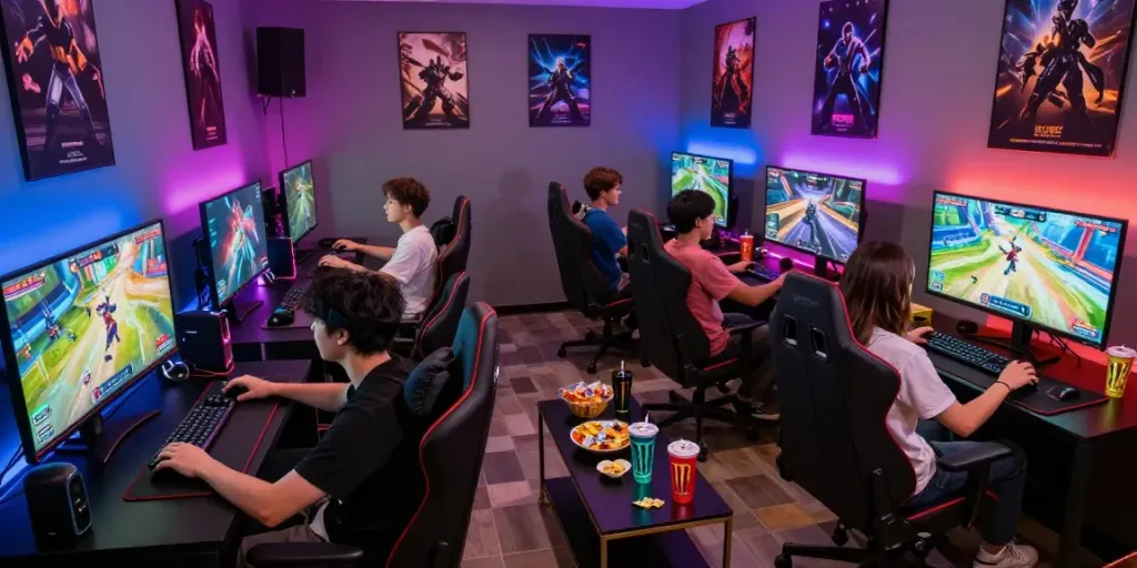 Friends enjoying rokok88 super gaming experience in a vibrant lounge setting.