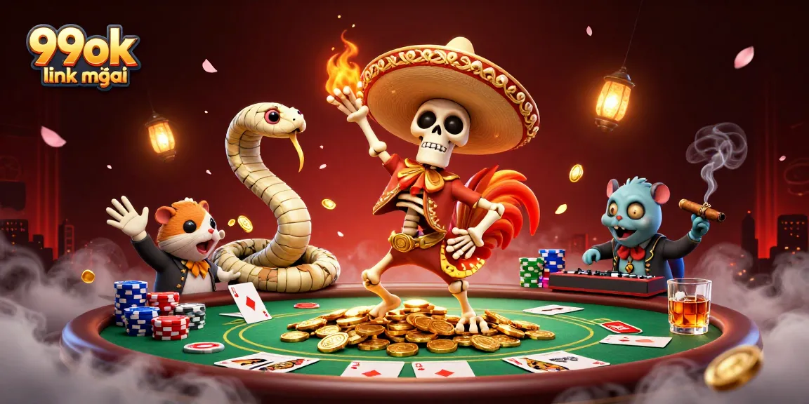 Engage with the vibrant 99ok link mới scene featuring lively characters celebrating on poker-themed riches.