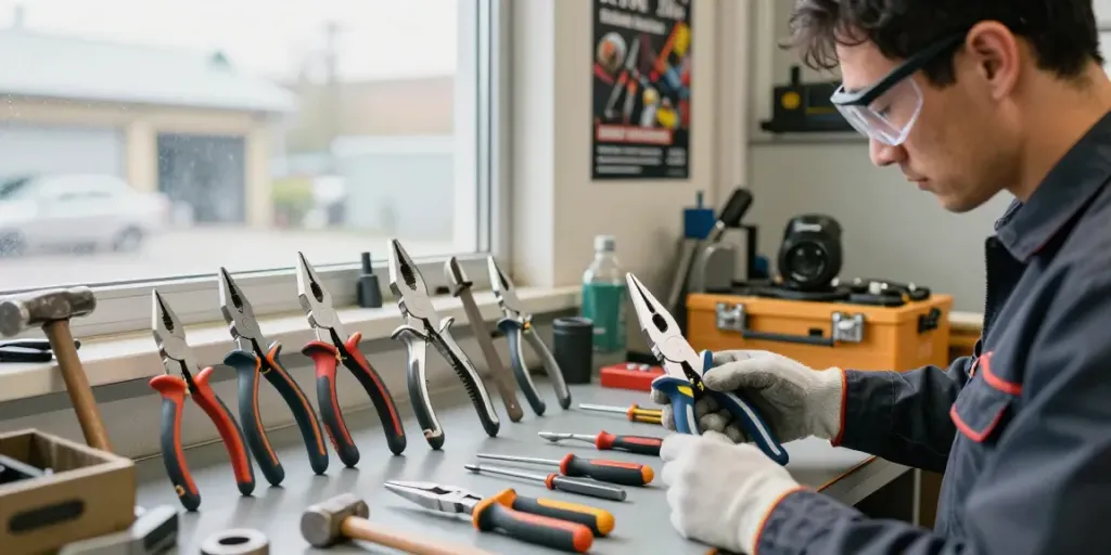 Tecnico esamina gli attrezzi KNIPEX Italia in un laboratorio attrezzato.