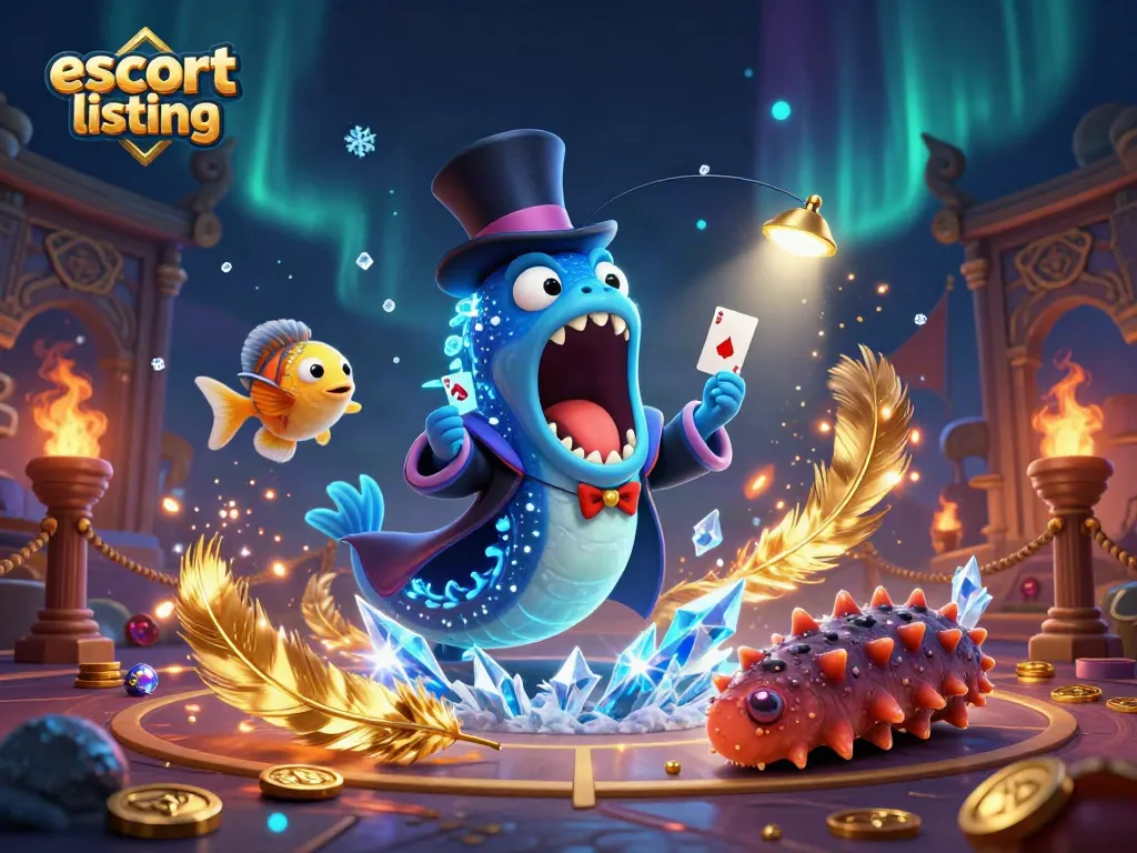 Enchanting escort listing artwork showcasing a magician eel and anglerfish emphasizing captivating gambling themes.