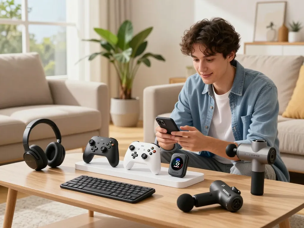 Explore cool tech gadgets under $142 displayed in a modern living room, showcasing innovative Bluetooth devices.