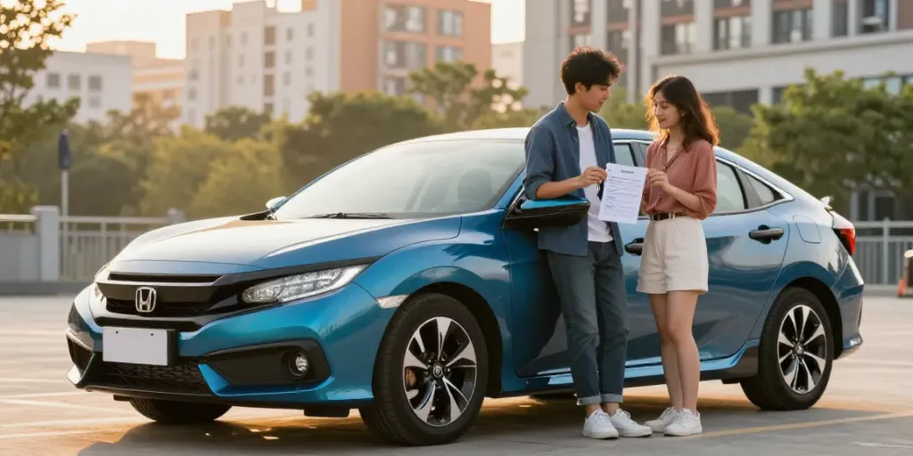 Noleggio lungo termine Honda: una giovane coppia ammira un'auto Honda moderna durante il tramonto in un contesto urbano