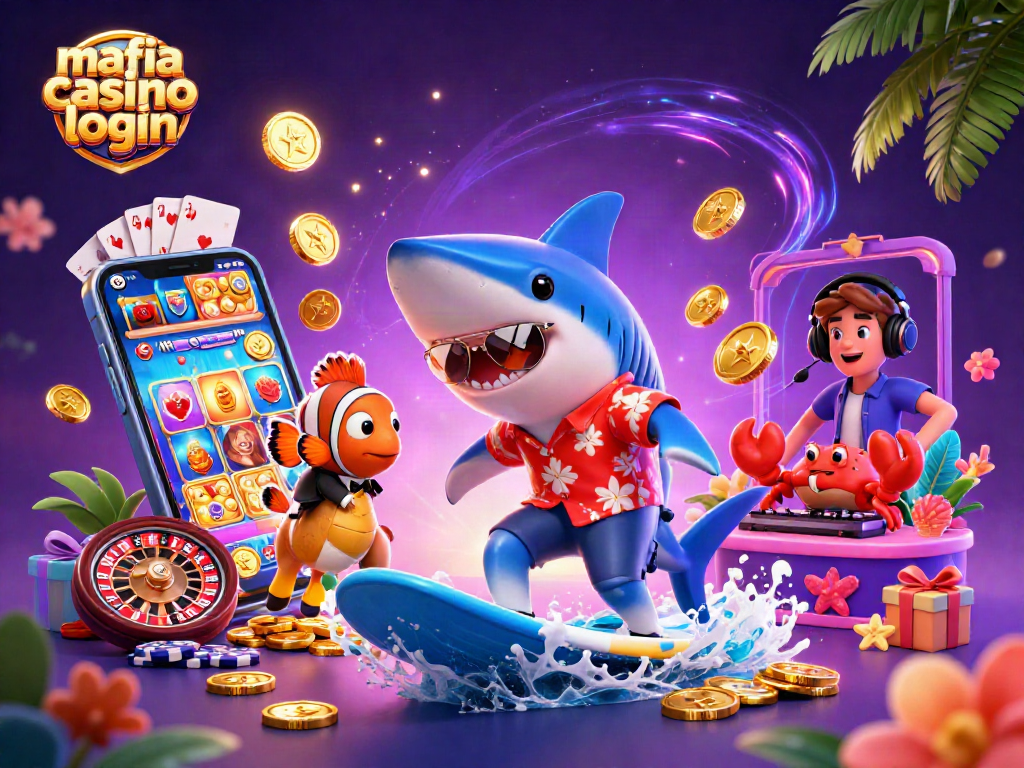 Engage with mafia casino login as the shark surfs on gold coins surrounded by vibrant gambling elements.