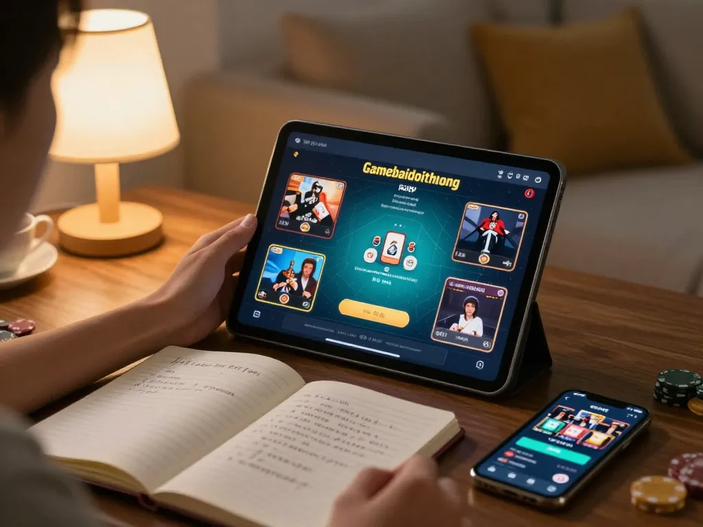 Engaging in gamebaidoithuong through a tablet in a cozy living room setup, showcasing strategic gameplay.