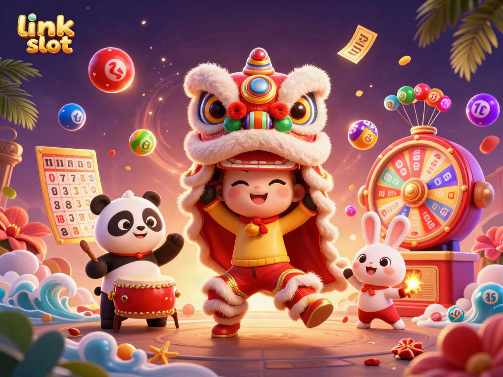 Engage with the link slot action in this vibrant festival-themed 3D illustration showcasing lively characters and gaming elements.