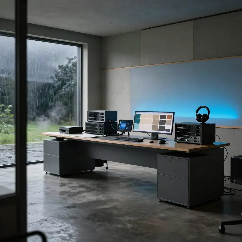 Sala di post-produzione premium con SSD, cuffie, pannelli e riflessi blu dopo un temporale