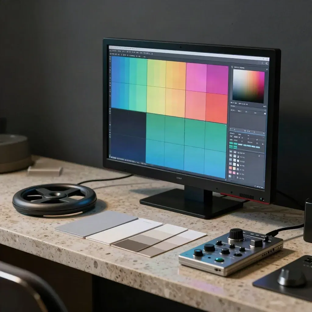 Monitor calibrato con ruote di grading, schede grigie e campioni neutri su console travertino.