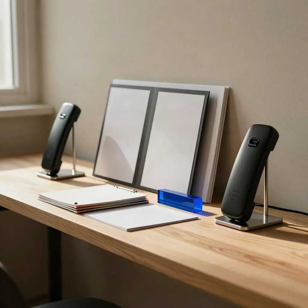 Postazione per montaggio Reels con telefoni, supporti metallici e prove frame su legno chiaro.